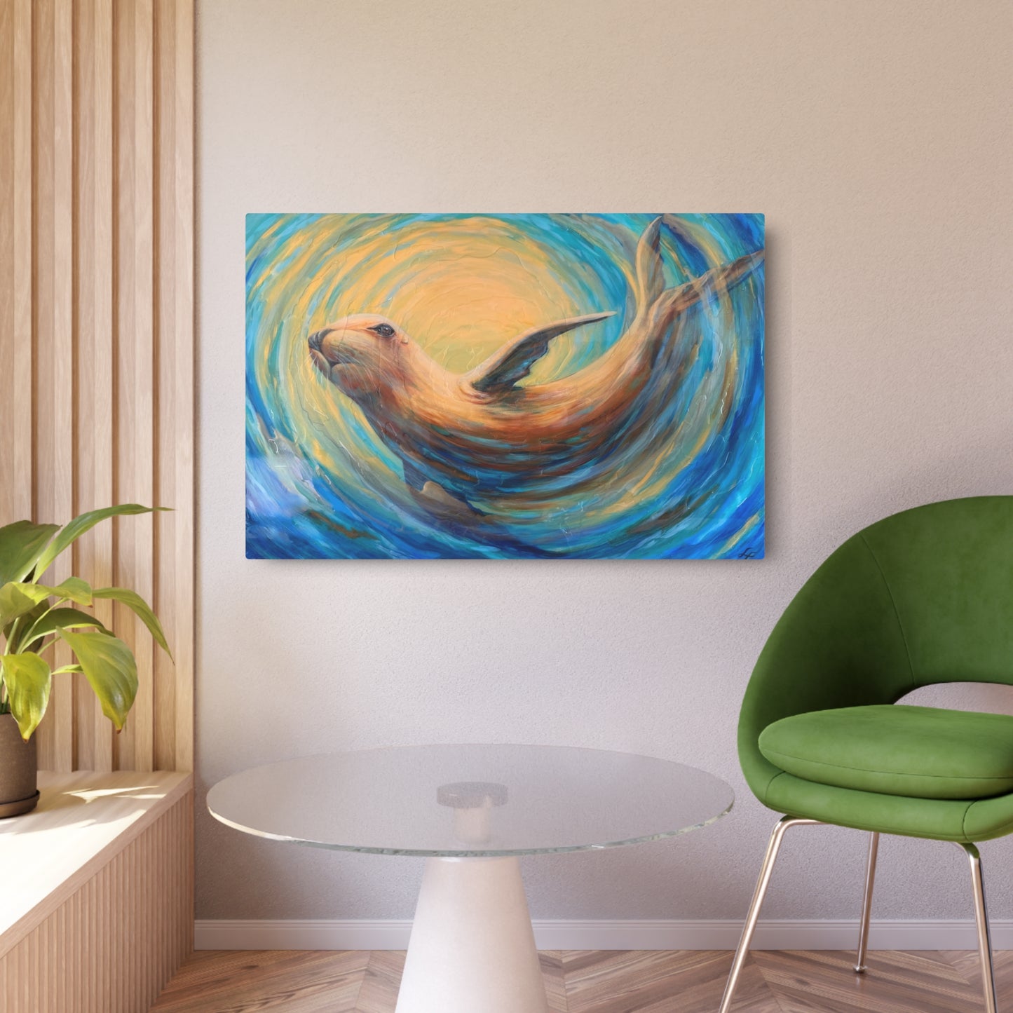 "Through Gilded Tides" Sea Lion Metal Art Sign — Whimsical Ocean Painting Wall Decor