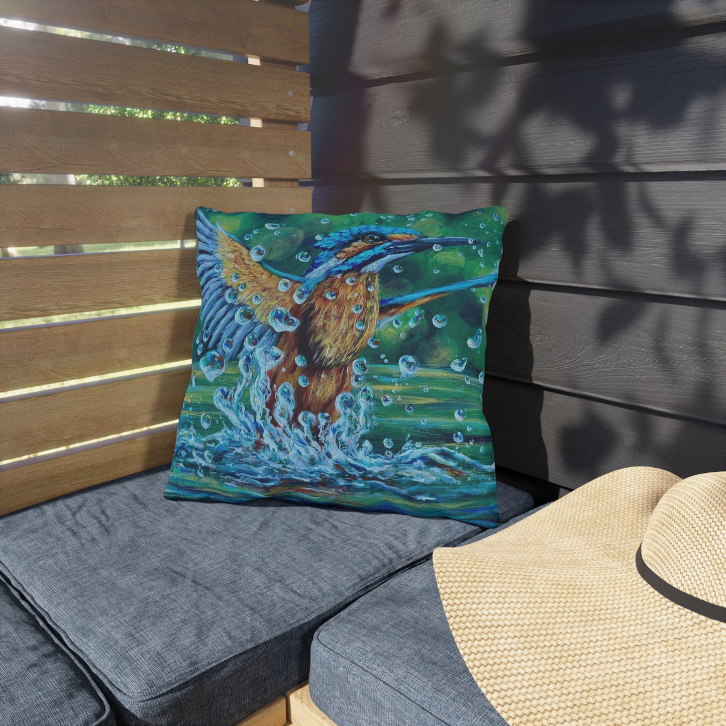 "Falling Up" Kingfisher Splash Outdoor Pillow — Vibrant Wildlife Patio Cushion