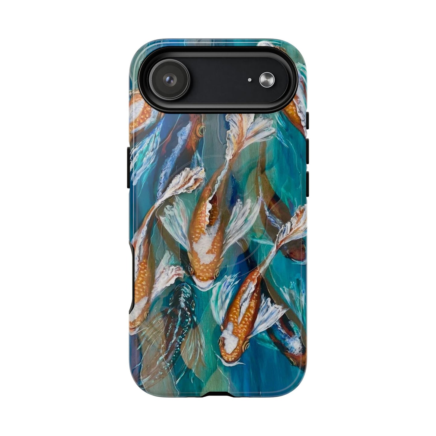 "School of Luck" Koi Fish Pattern iPhone Case Multiple Sizes | Tough Magnetic Case, Blue Teal Watercolor