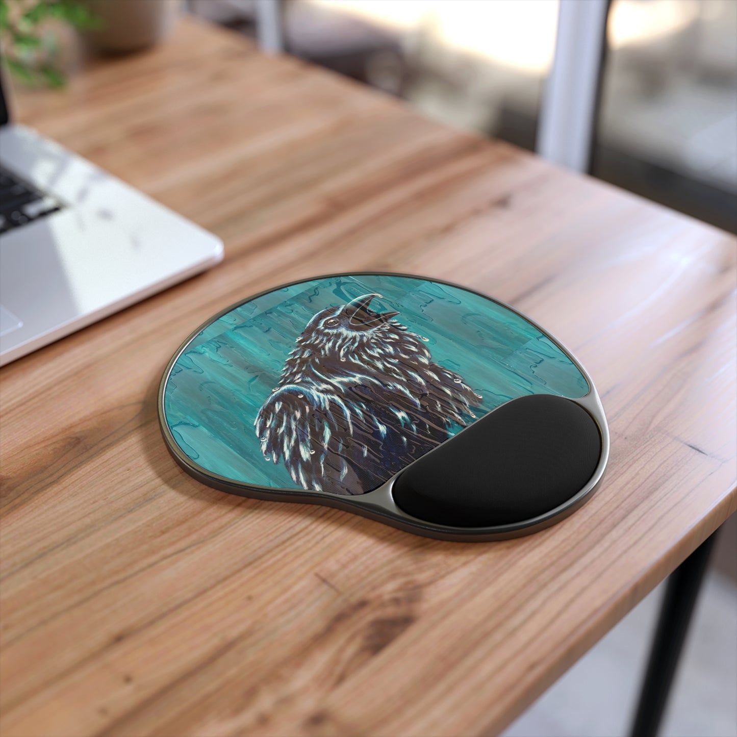 "Ravin' in the Rain" Raven Art Mouse Pad with Wrist Rest — Teal Raven Illustration Ergonomic Desk Mat