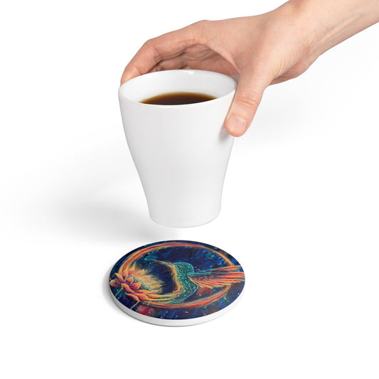 "Continuum" Hummingbird & Lotus Ceramic Coaster — Colorful Boho Drink Mat