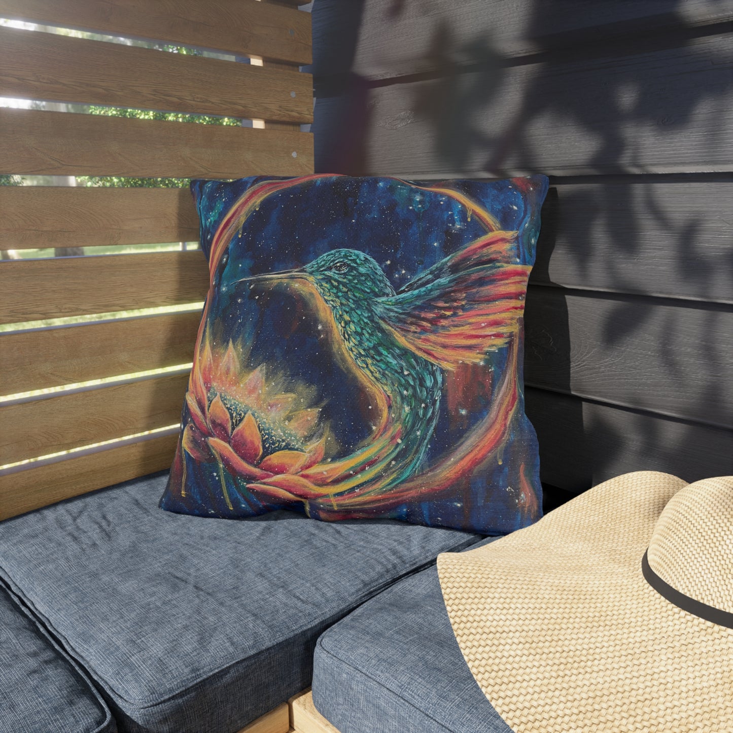 "Continuum" Hummingbird & Lotus Outdoor Pillow — Colorful Garden Accent Cushion for Patio, Porch & Sunroom