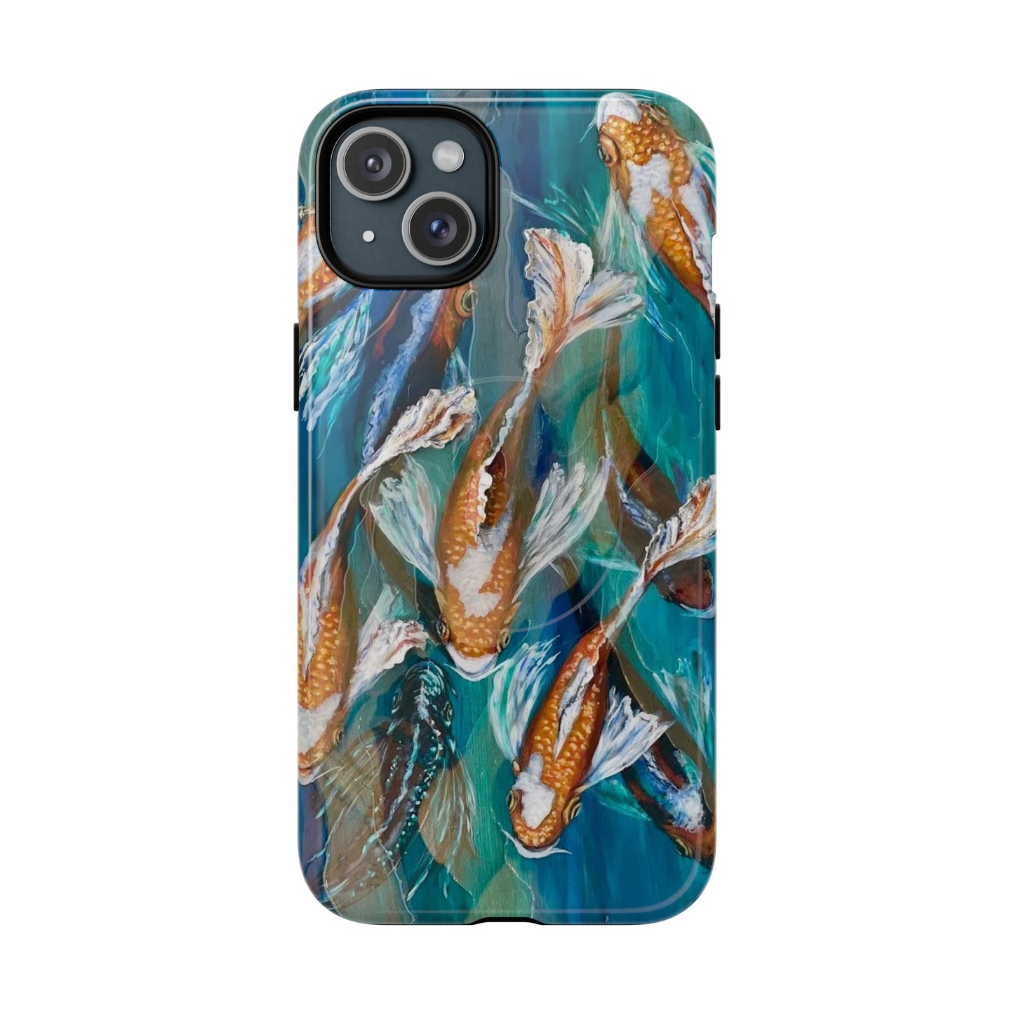 "School of Luck" Koi Fish Pattern iPhone Case Multiple Sizes | Tough Magnetic Case, Blue Teal Watercolor
