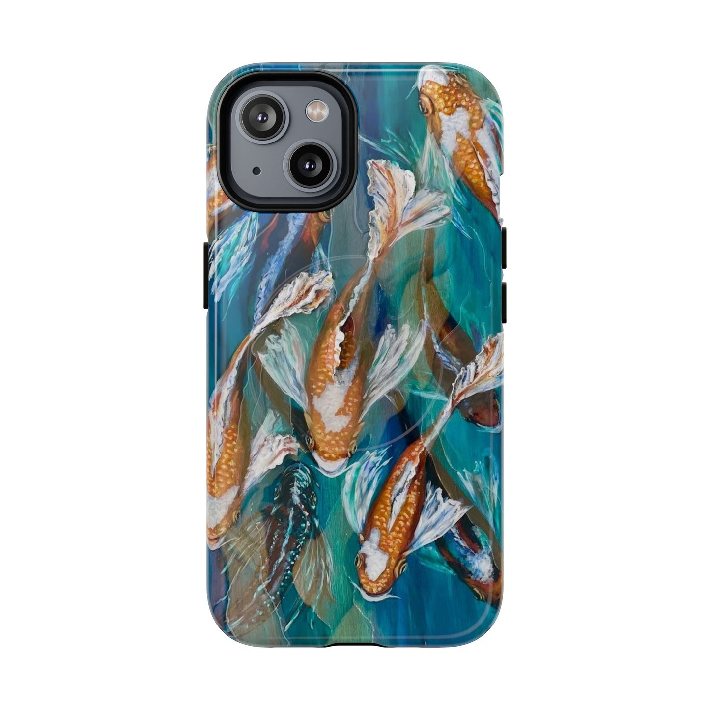 "School of Luck" Koi Fish Pattern iPhone Case Multiple Sizes | Tough Magnetic Case, Blue Teal Watercolor