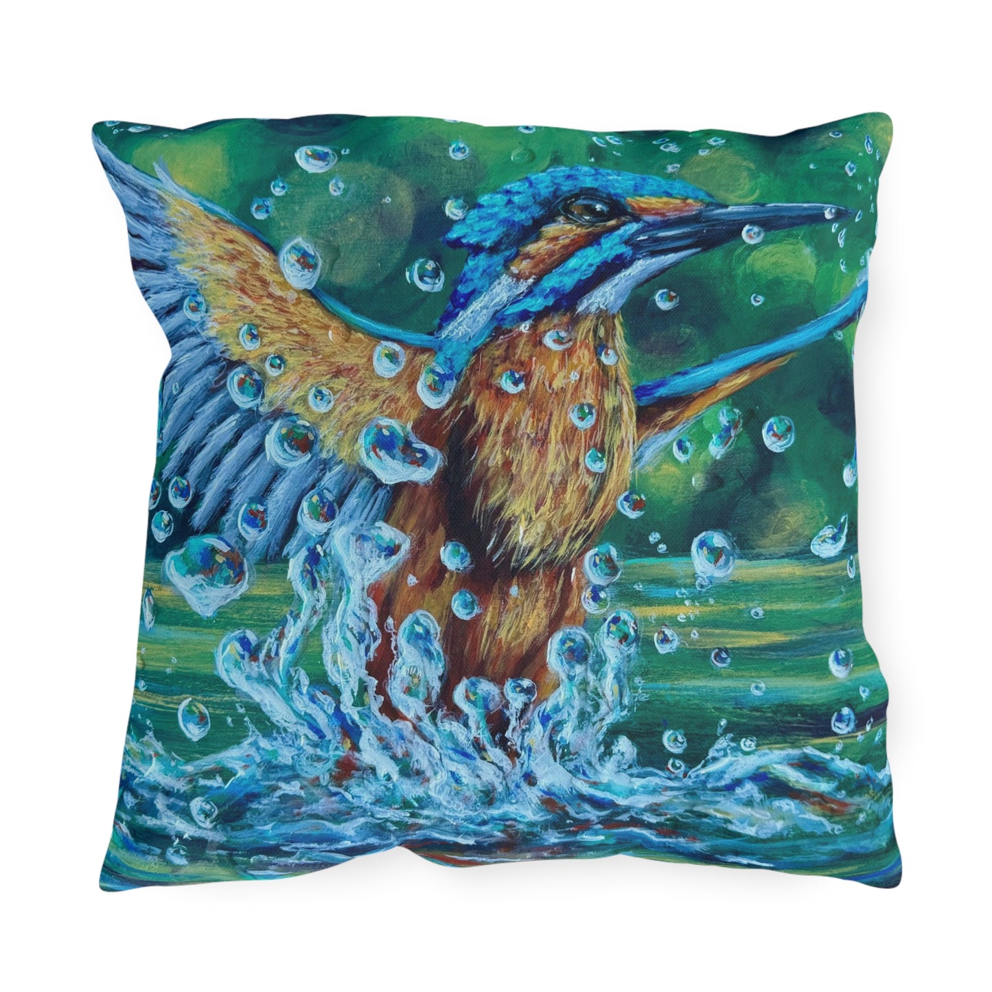 "Falling Up" Kingfisher Splash Outdoor Pillow — Vibrant Wildlife Patio Cushion