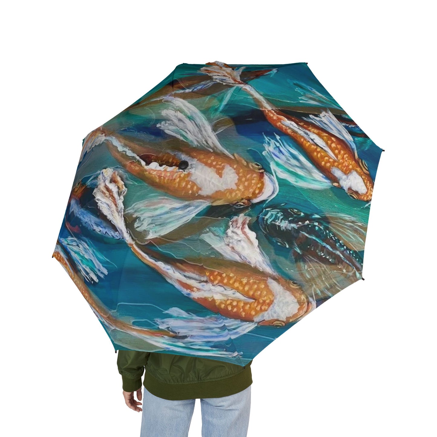 "School of Luck" Koi Pond Foldable Umbrella – Compact Semi-Automatic Rain Parasol