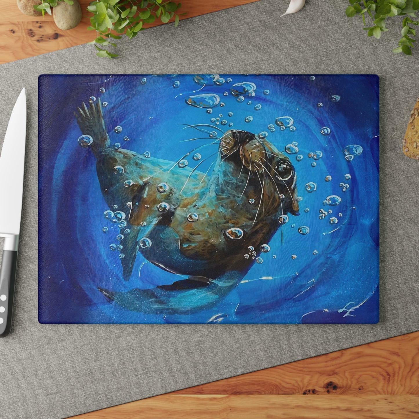 "Arthur" Sea Lion Glass Cutting Board - Playful Sea Otter Underwater Art