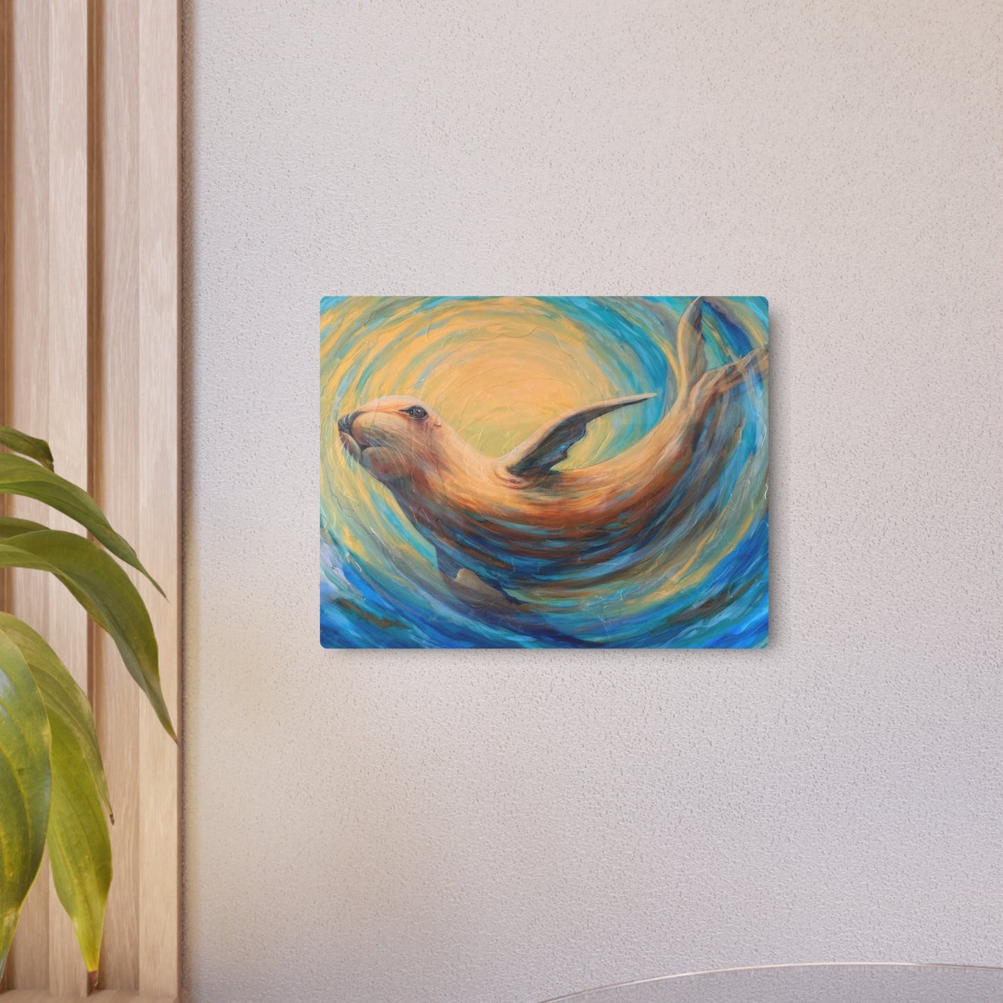 "Through Gilded Tides" Sea Lion Metal Art Sign — Whimsical Ocean Painting Wall Decor