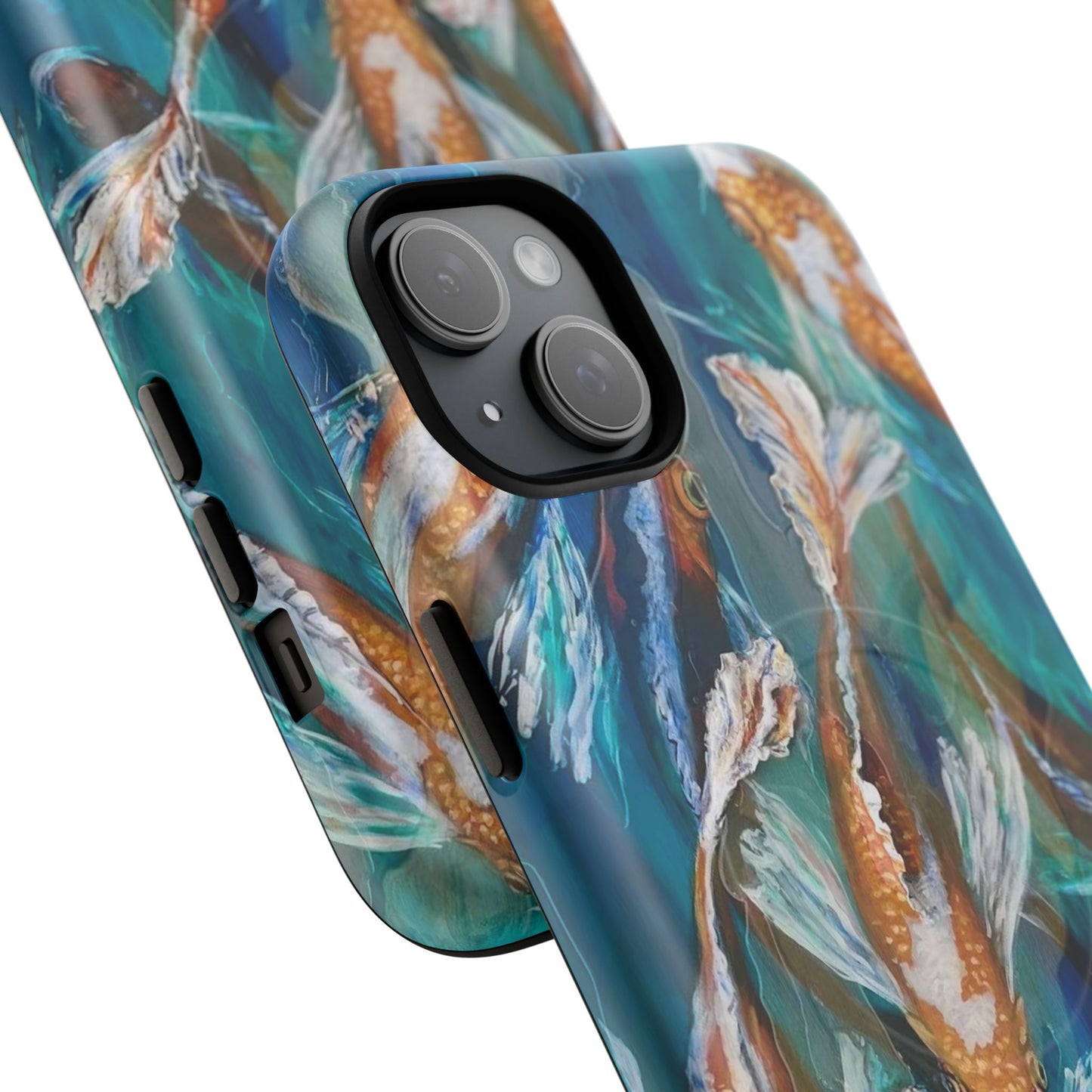"School of Luck" Koi Fish Pattern iPhone Case Multiple Sizes | Tough Magnetic Case, Blue Teal Watercolor