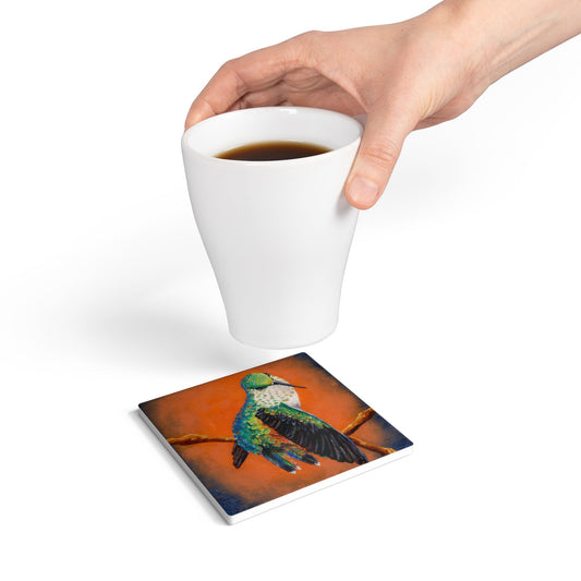 "Hummingbird Ballet" Ceramic Coaster – Colorful Bird Drink Coaster