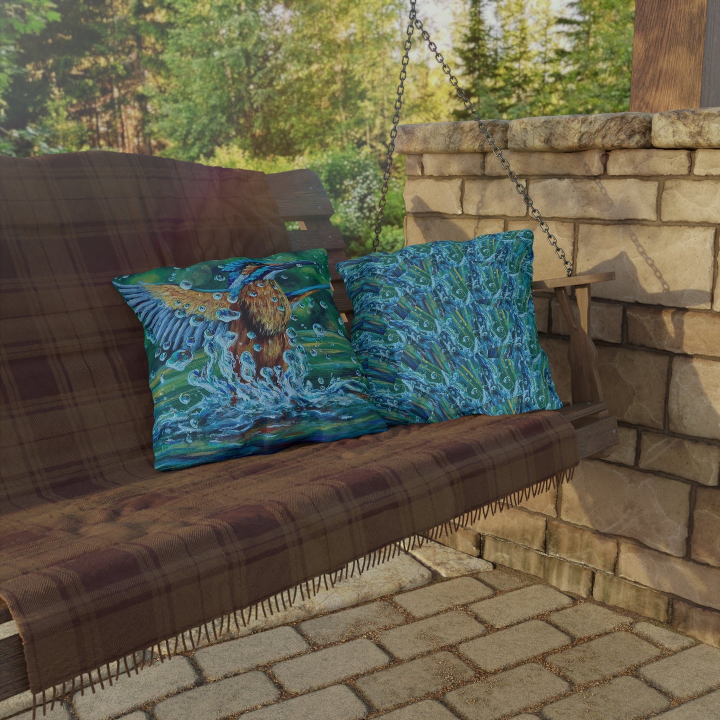 "Falling Up" Kingfisher Splash Outdoor Pillow — Vibrant Wildlife Patio Cushion