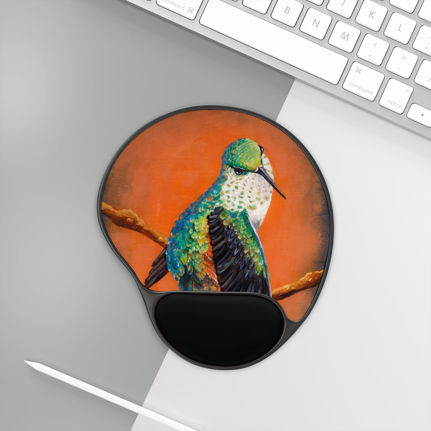 "Hummingbird Ballet" Wrist Rest Mouse Pad — Colorful Bird Art on Orange Background