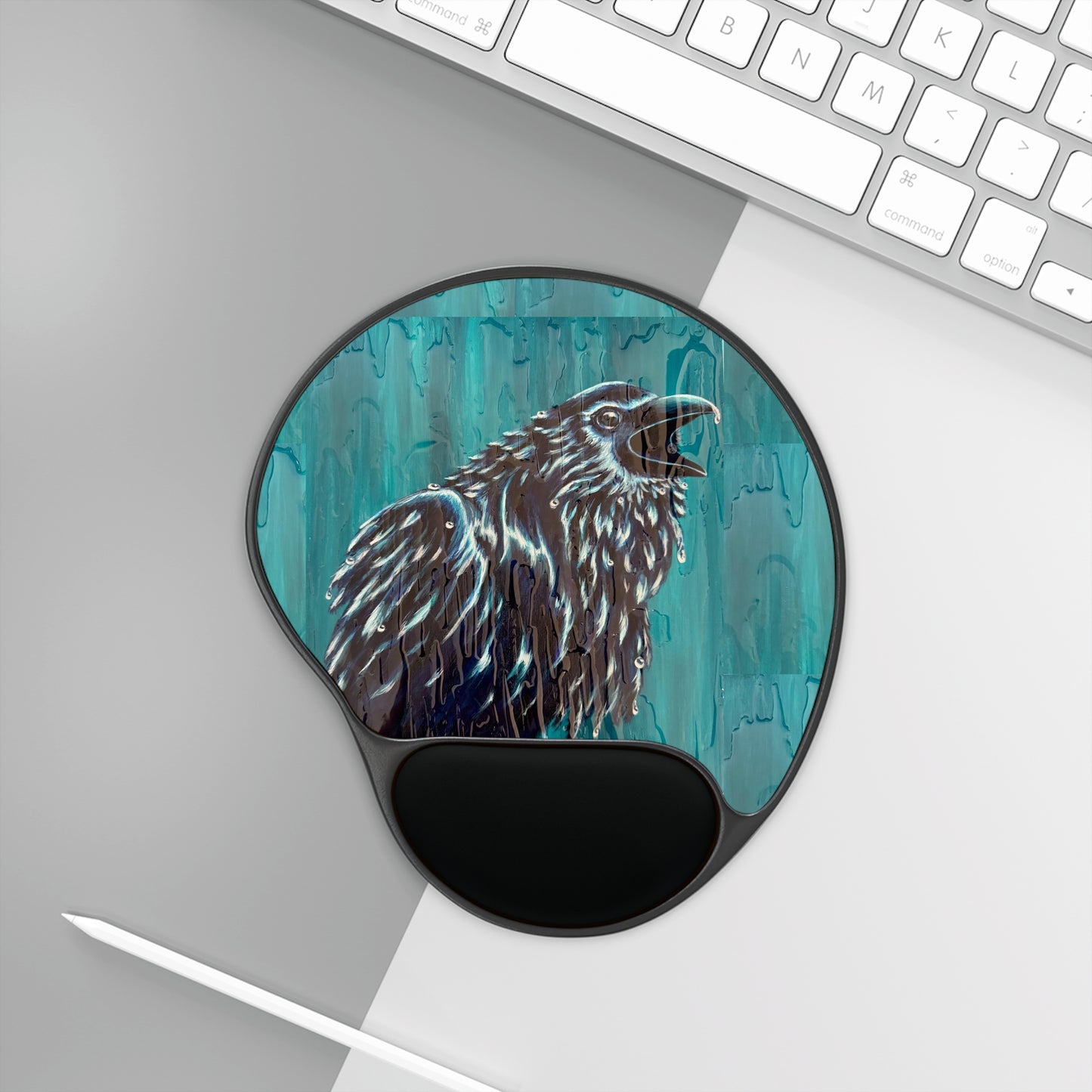 "Ravin' in the Rain" Raven Art Mouse Pad with Wrist Rest — Teal Raven Illustration Ergonomic Desk Mat