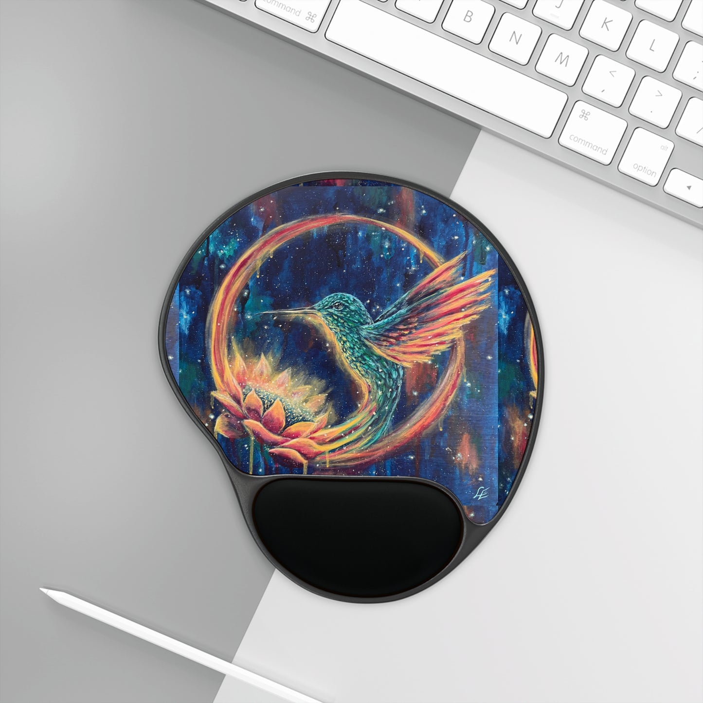 "Continuum" Hummingird & Lotus Art Mouse Pad with Ergonomic Wrist Rest — Colorful Ocean Desk Accessory