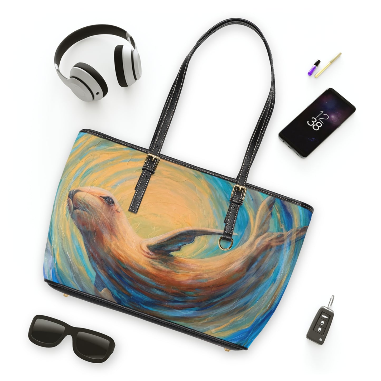 "Through Gilded Tides" Sea Lion Dance PU Leather Shoulder Bag — Ocean-Inspired Painted Wildlife Tote