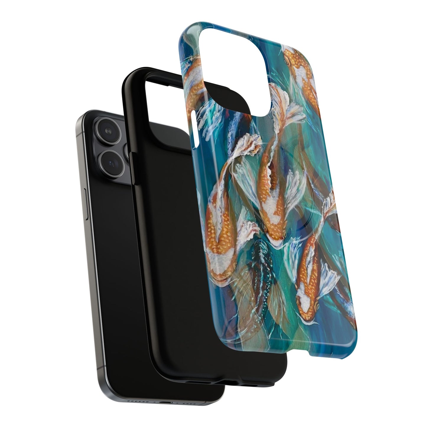 "School of Luck" Koi Fish Pattern iPhone Case Multiple Sizes | Tough Magnetic Case, Blue Teal Watercolor