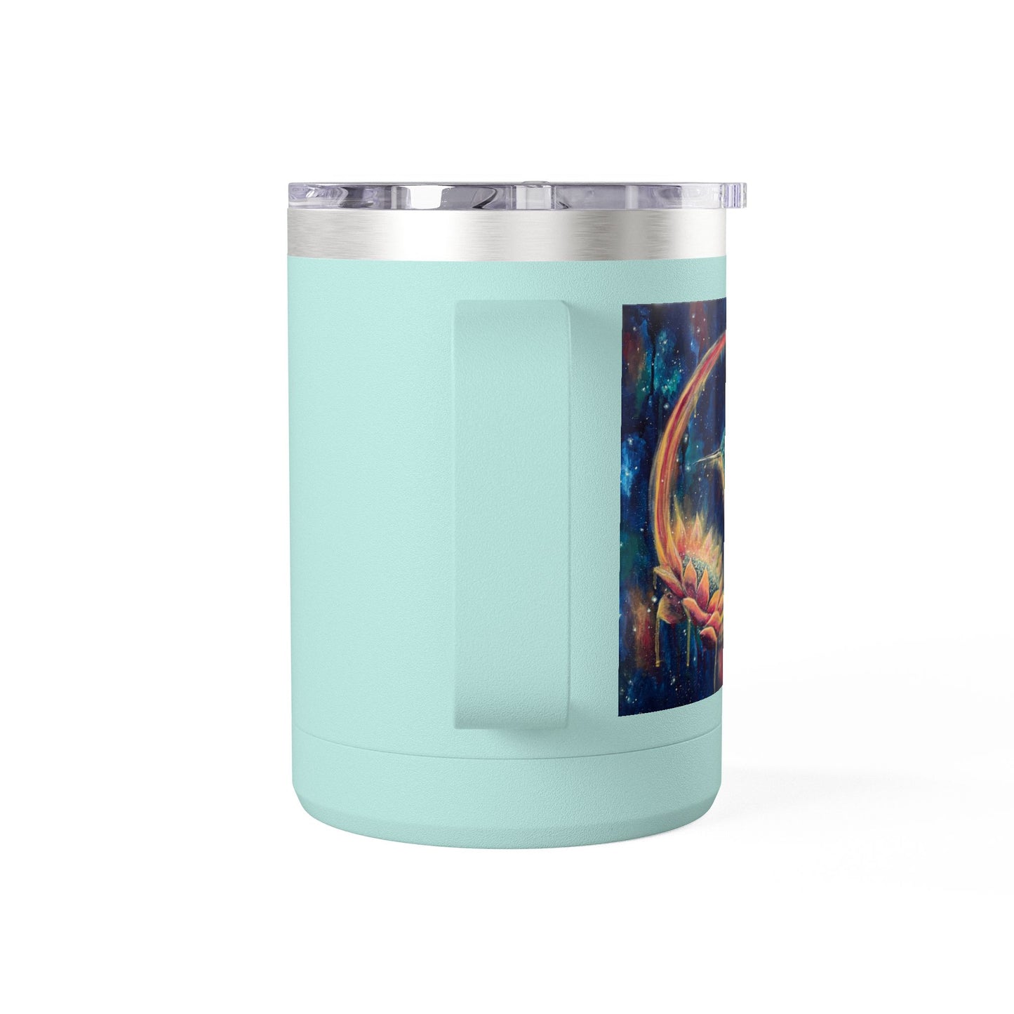 "Continuum" Hummingbird & Night Sky 15oz Travel Mug — Colorful Celestial Bird Tumbler