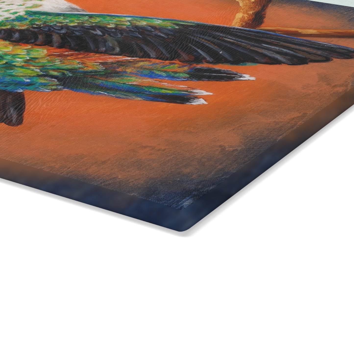 "Hummingbird Ballet" Glass Cutting Board — Colorful Tropical Bird Kitchen Decor