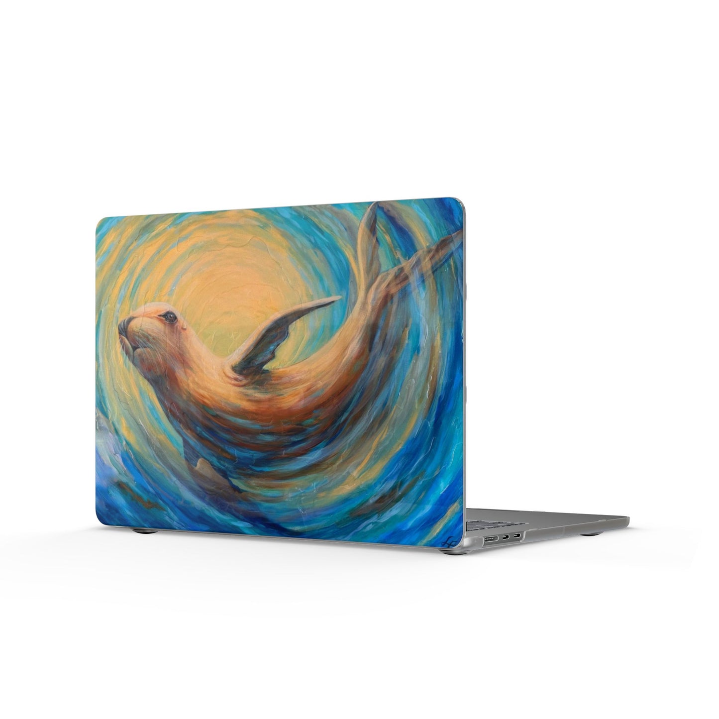 "Through Gilded Tides" Sea Lion Swirl Matte MacBook Case — Whimsical Aquatic Laptop Skin