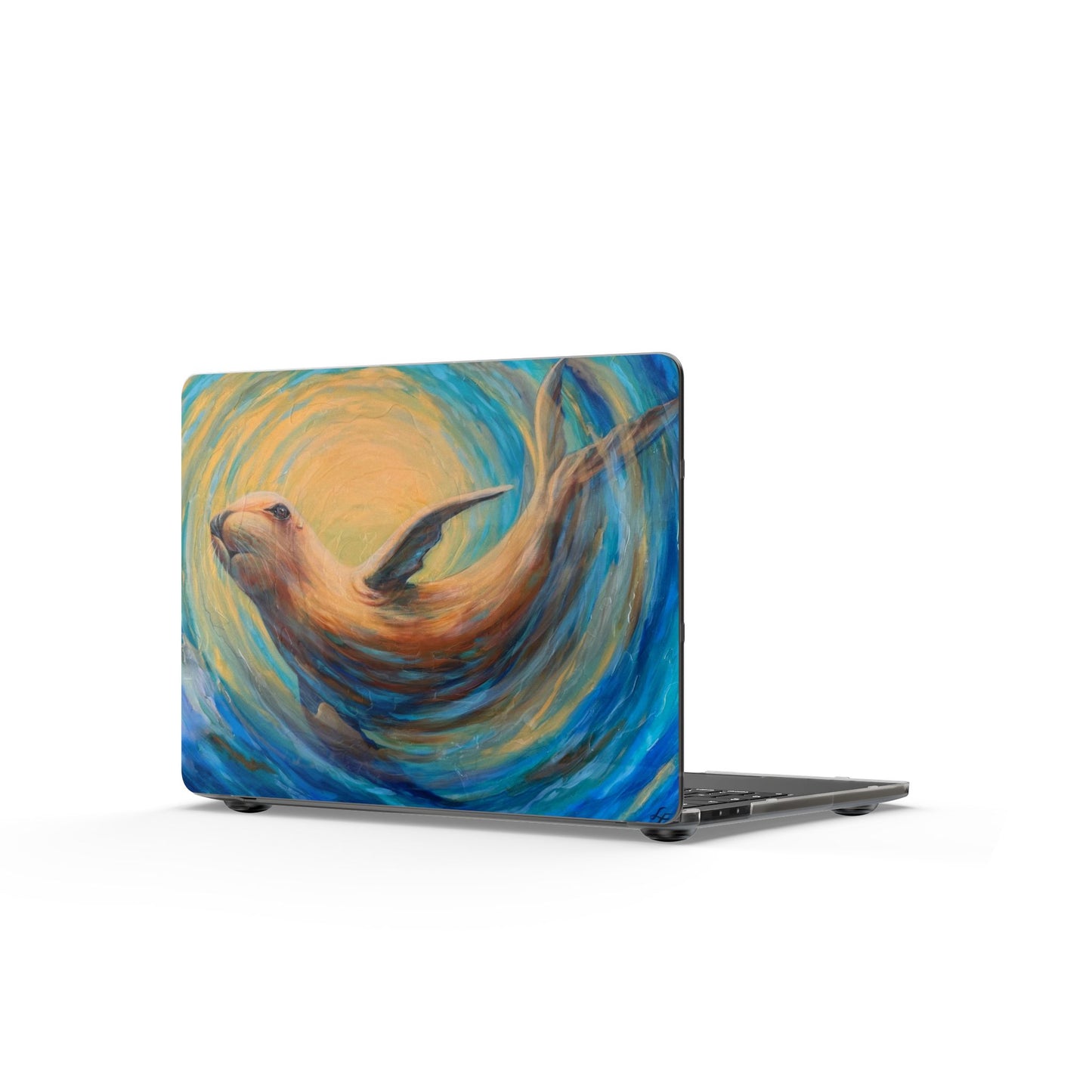 "Through Gilded Tides" Sea Lion Swirl Matte MacBook Case — Whimsical Aquatic Laptop Skin