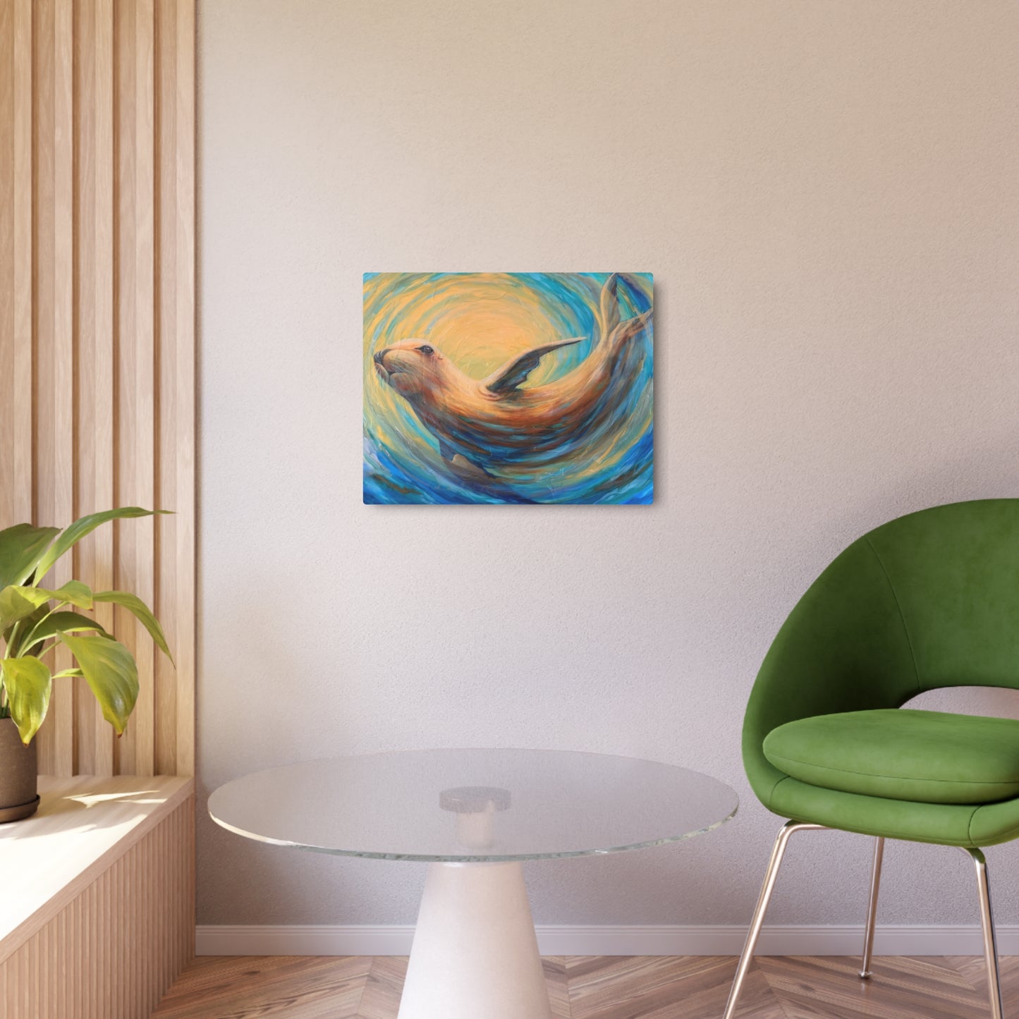 "Through Gilded Tides" Sea Lion Metal Art Sign — Whimsical Ocean Painting Wall Decor