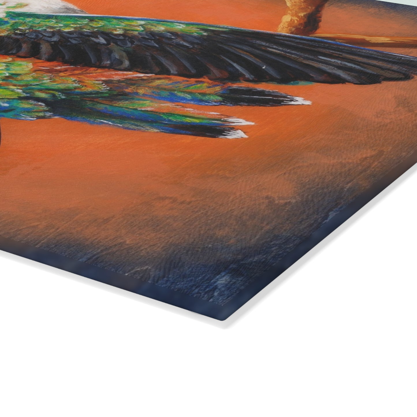 "Hummingbird Ballet" Glass Cutting Board — Colorful Tropical Bird Kitchen Decor