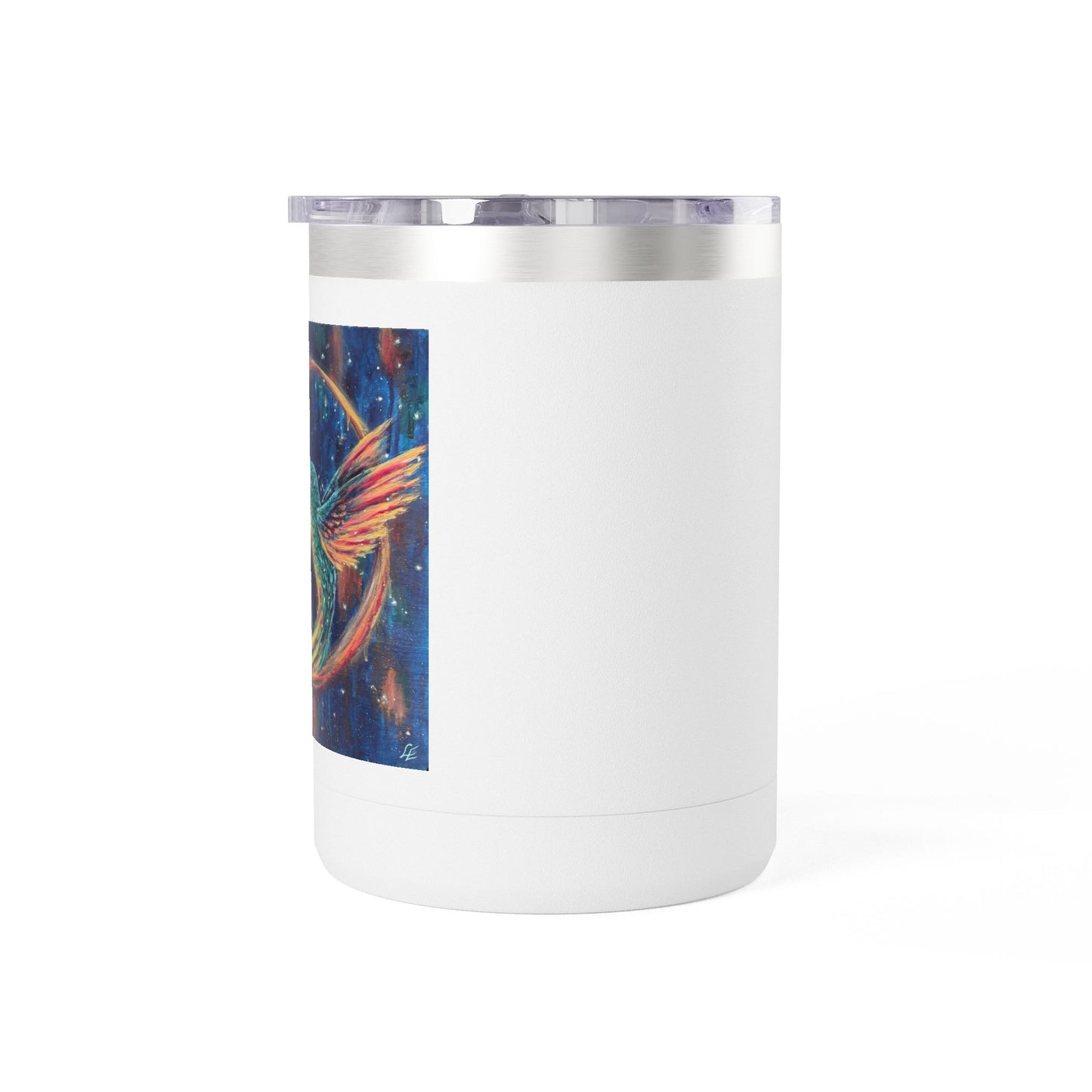 "Continuum" Hummingbird & Night Sky 15oz Travel Mug — Colorful Celestial Bird Tumbler