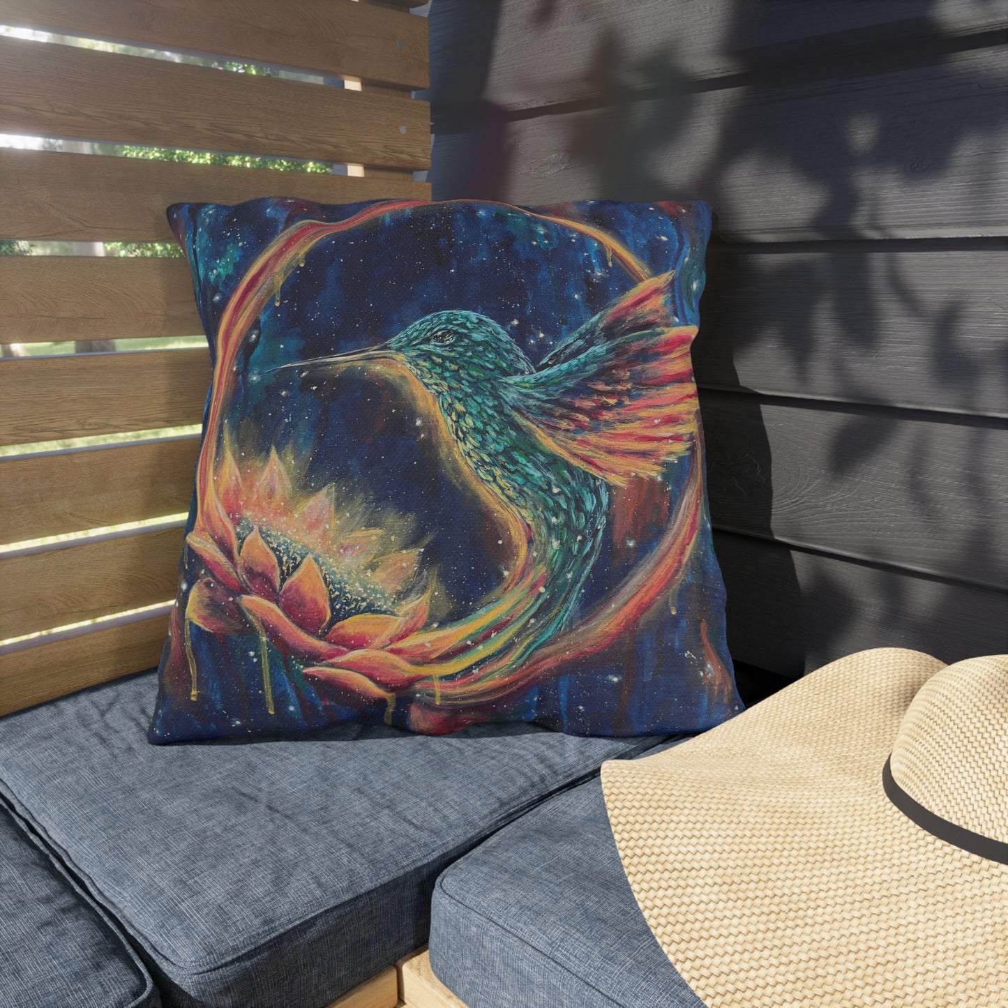 "Continuum" Hummingbird & Lotus Outdoor Pillow — Colorful Garden Accent Cushion for Patio, Porch & Sunroom