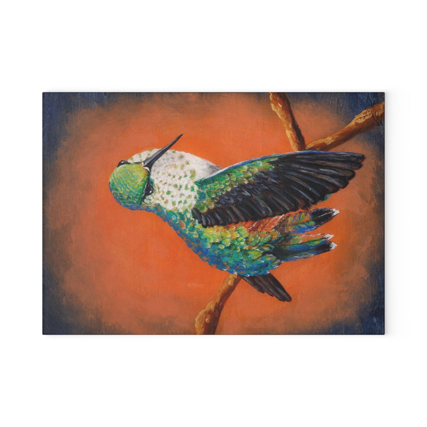 "Hummingbird Ballet" Glass Cutting Board — Colorful Tropical Bird Kitchen Decor