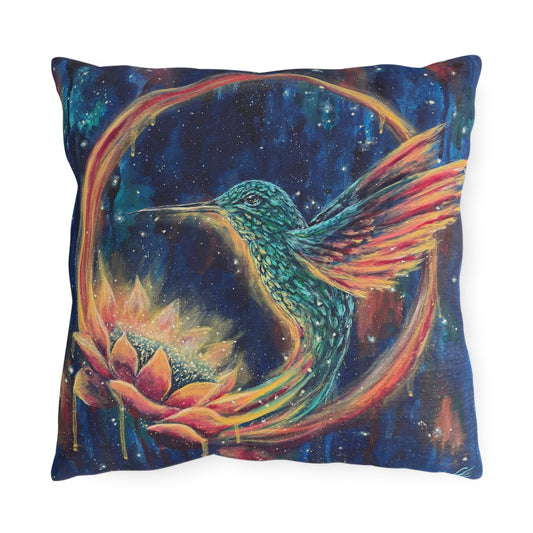 "Continuum" Hummingbird & Lotus Outdoor Pillow — Colorful Garden Accent Cushion for Patio, Porch & Sunroom