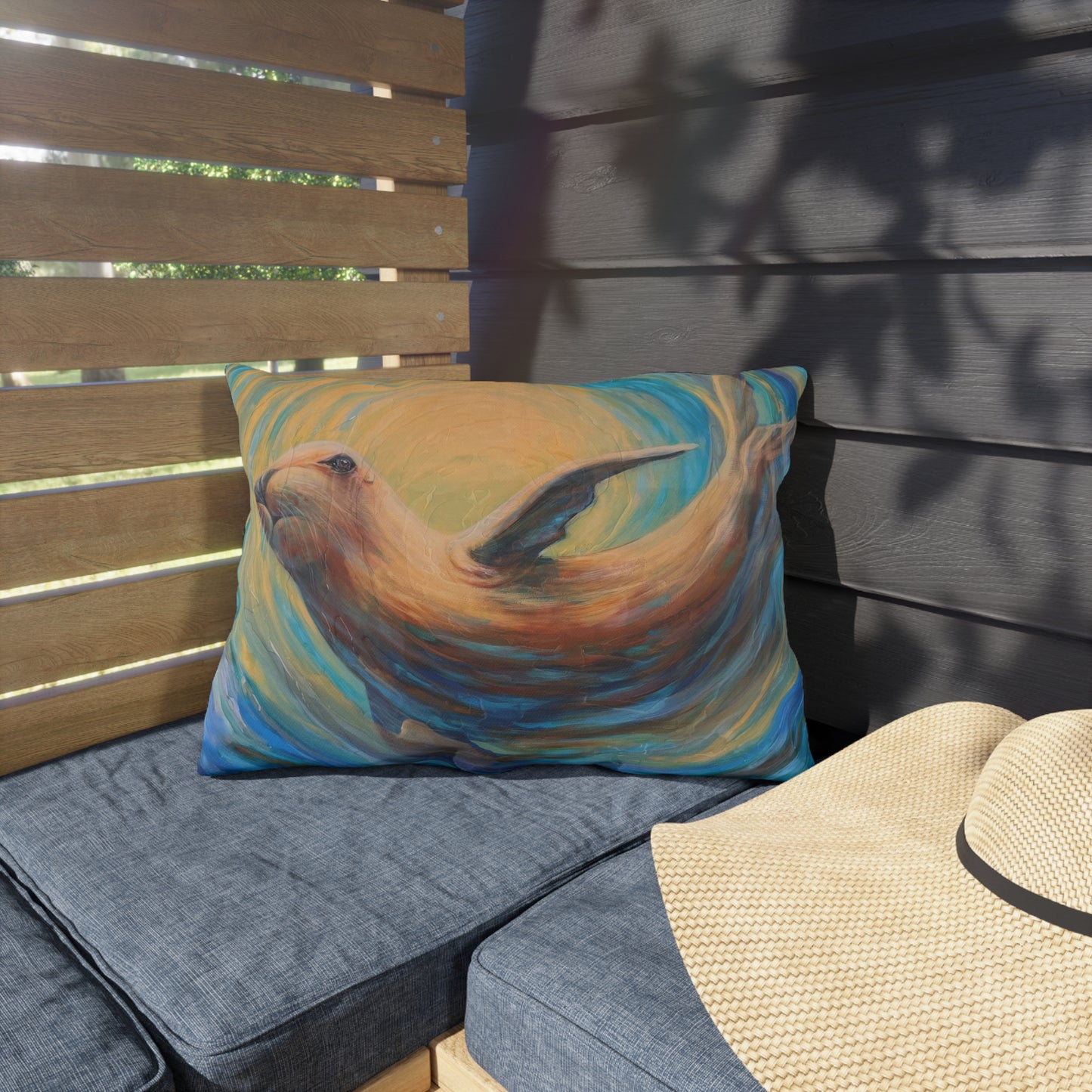 "Through Gilded Tides" Outdoor Pillow — Swirling Sea Lion Beach Art Accent Pillow