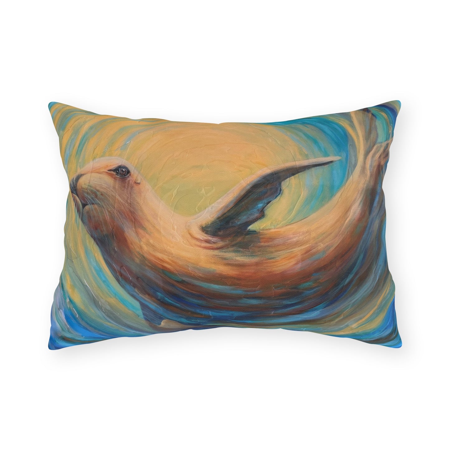 "Through Gilded Tides" Outdoor Pillow — Swirling Sea Lion Beach Art Accent Pillow