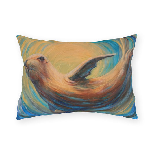 "Through Gilded Tides" Outdoor Pillow — Swirling Sea Lion Beach Art Accent Pillow
