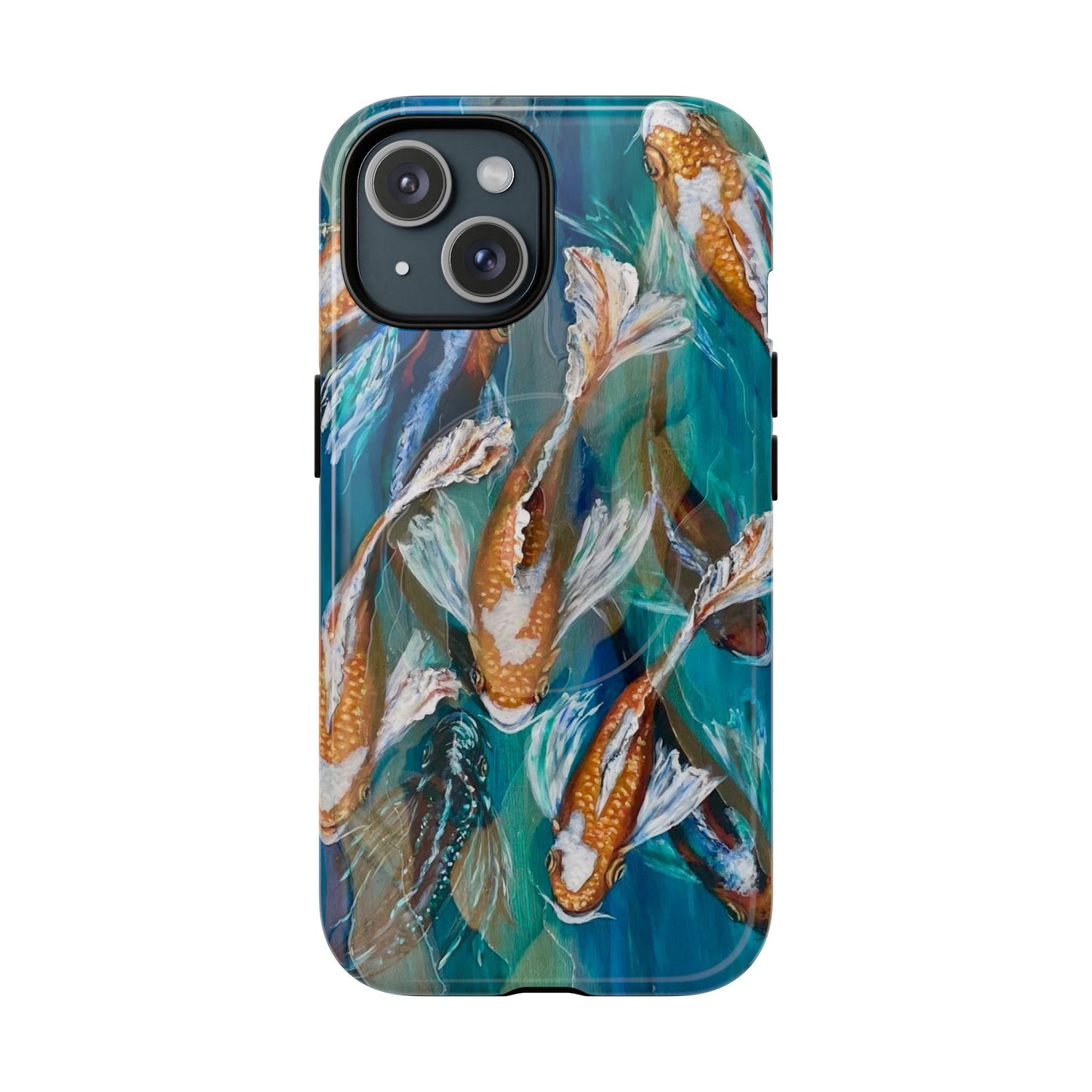 "School of Luck" Koi Fish Pattern iPhone Case Multiple Sizes | Tough Magnetic Case, Blue Teal Watercolor