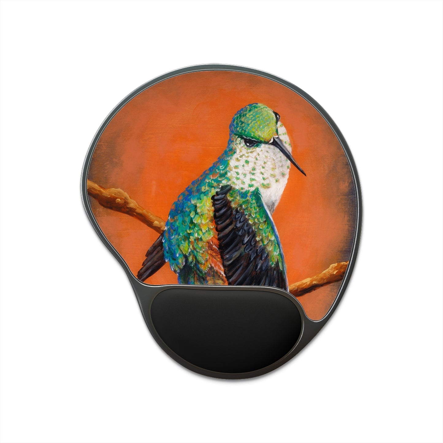 "Hummingbird Ballet" Wrist Rest Mouse Pad — Colorful Bird Art on Orange Background