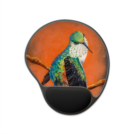 "Hummingbird Ballet" Wrist Rest Mouse Pad — Colorful Bird Art on Orange Background
