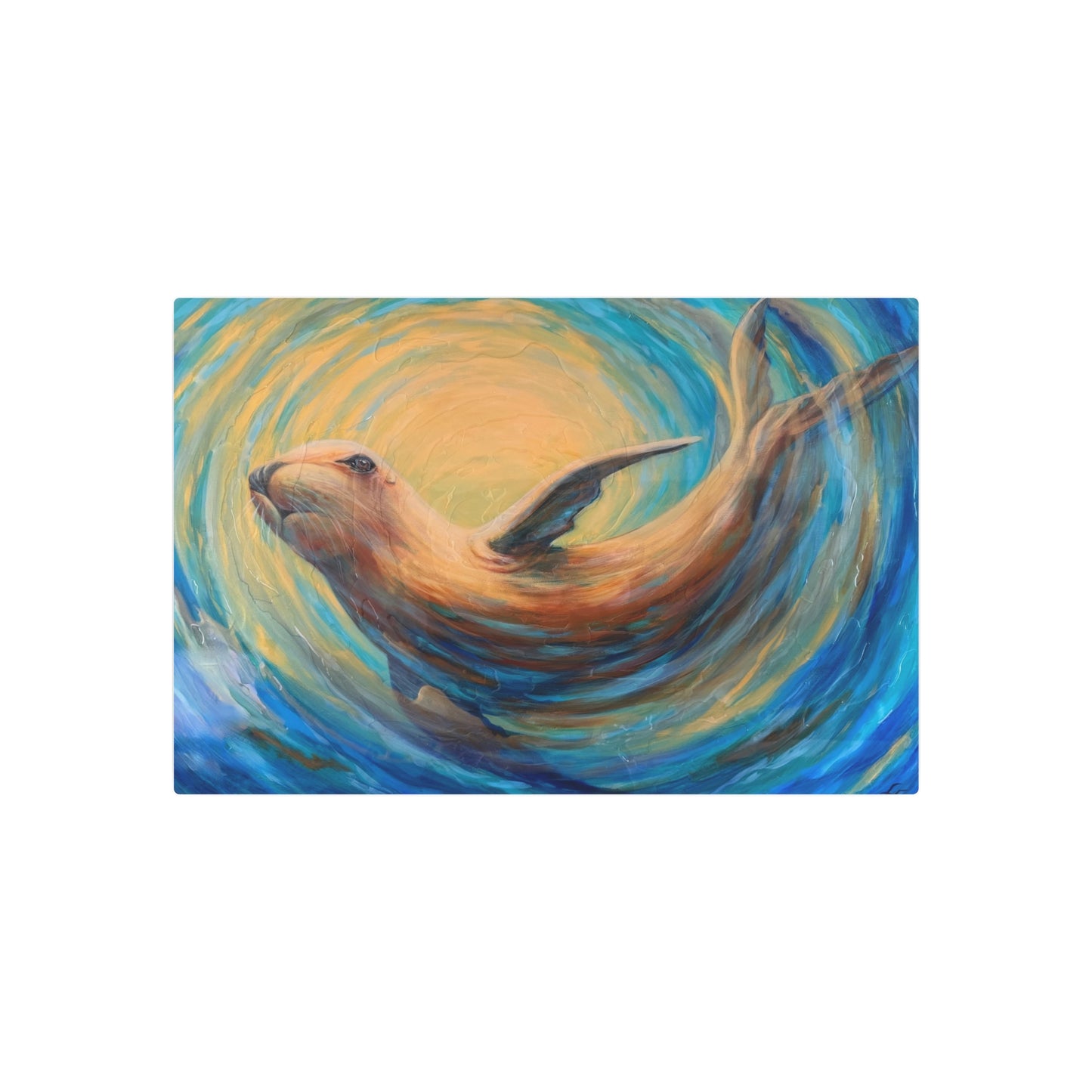 "Through Gilded Tides" Sea Lion Metal Art Sign — Whimsical Ocean Painting Wall Decor