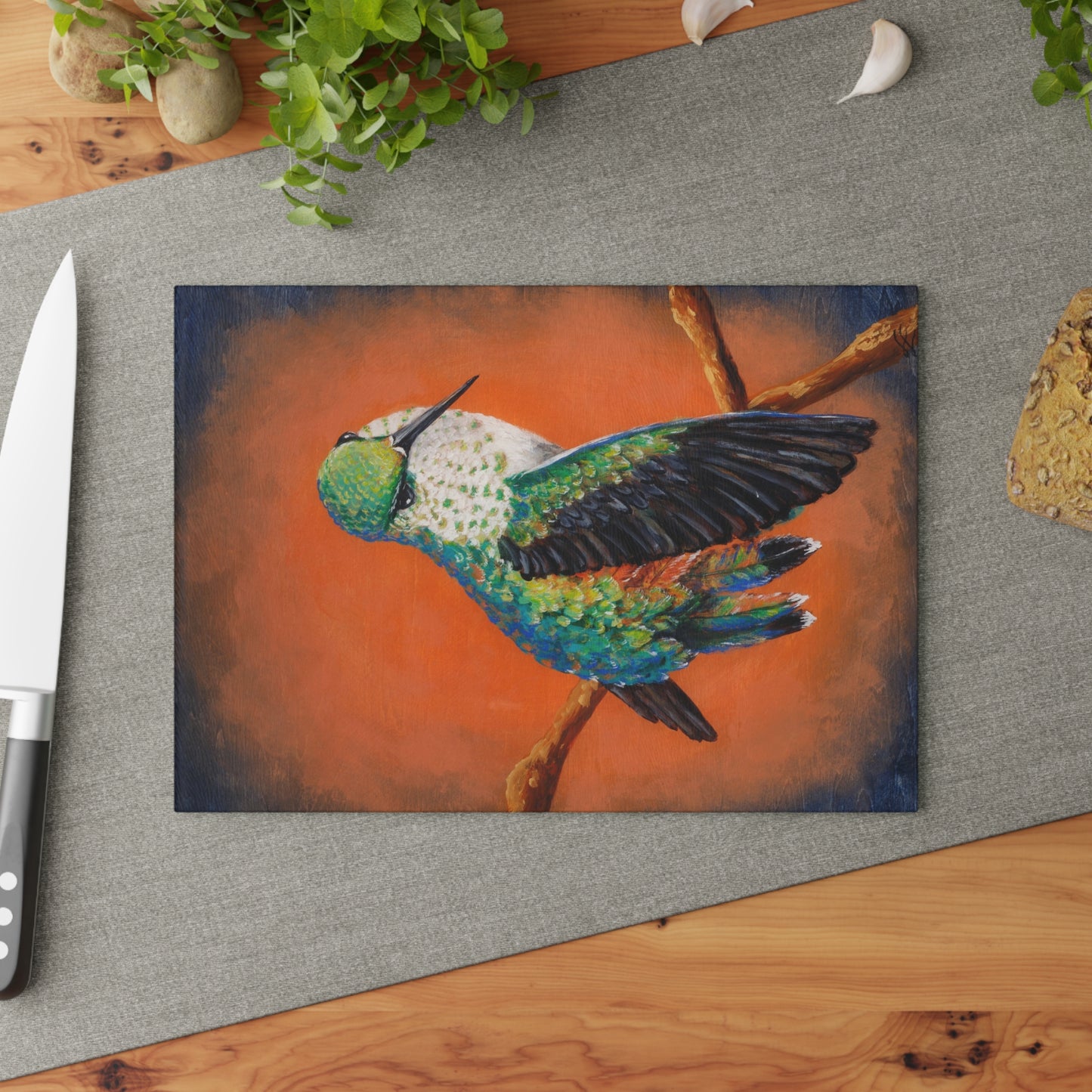 "Hummingbird Ballet" Glass Cutting Board — Colorful Tropical Bird Kitchen Decor