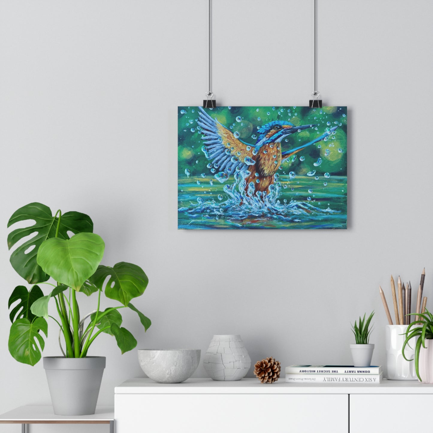 "Falling Up" Kingfisher Splash Giclée Art Print — Vibrant Wildlife Wall Art