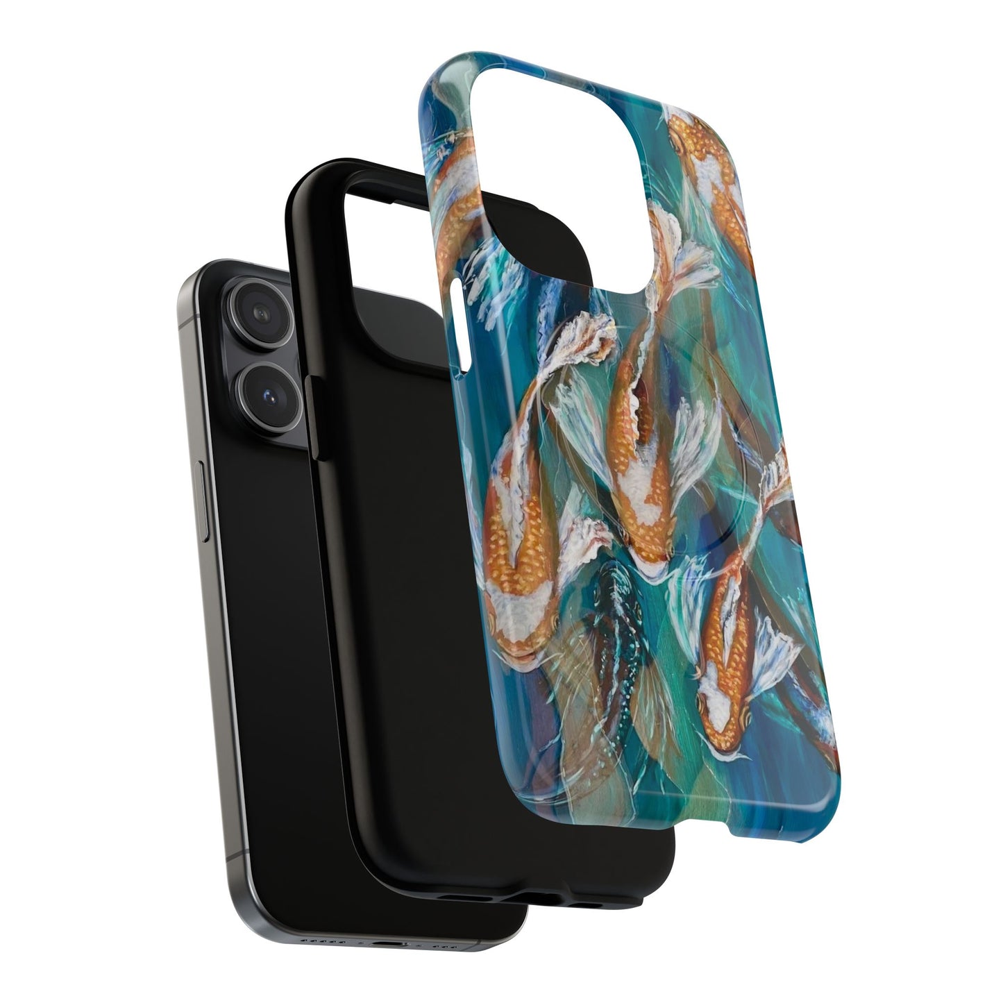 "School of Luck" Koi Fish Pattern iPhone Case Multiple Sizes | Tough Magnetic Case, Blue Teal Watercolor