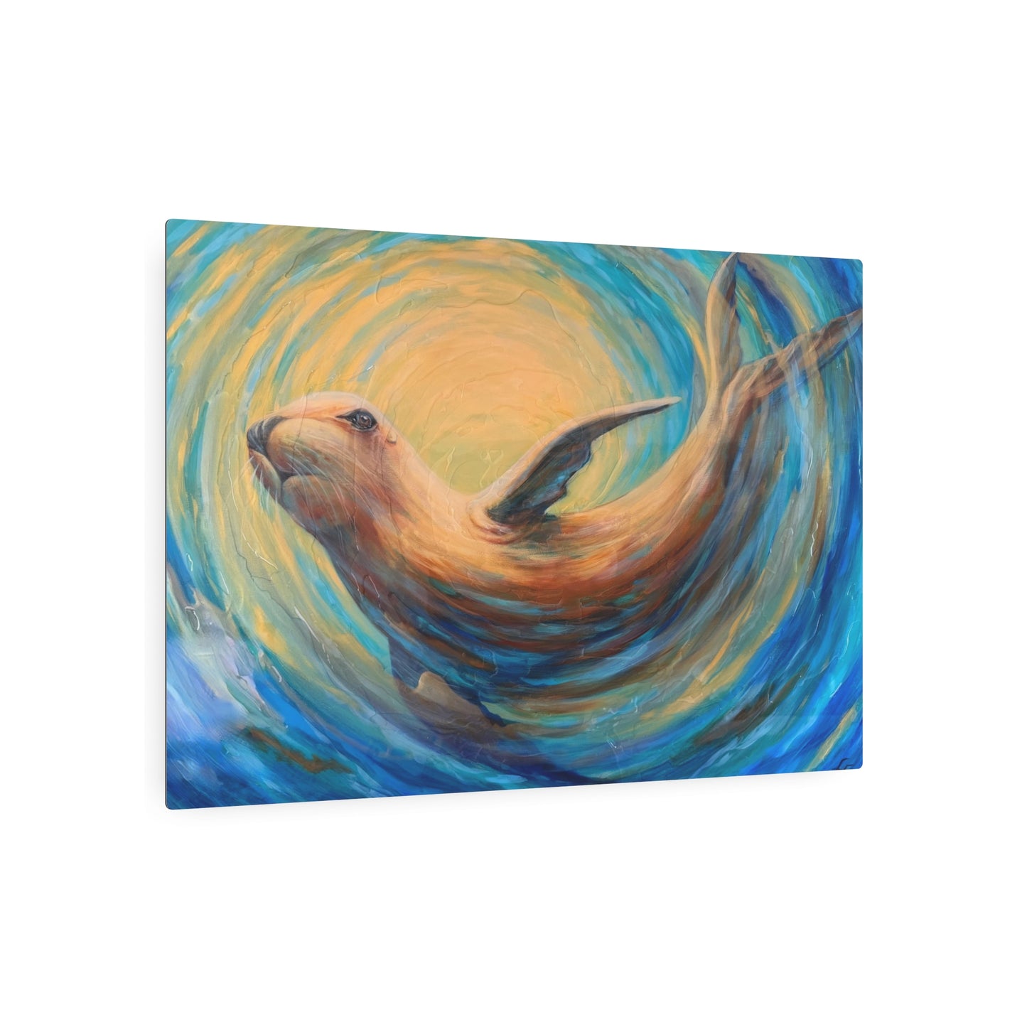 "Through Gilded Tides" Sea Lion Metal Art Sign — Whimsical Ocean Painting Wall Decor