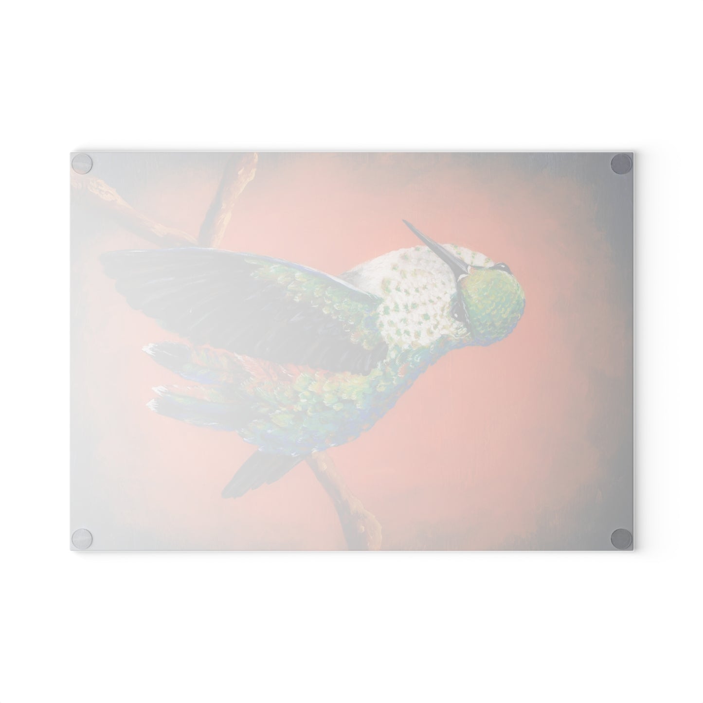 "Hummingbird Ballet" Glass Cutting Board — Colorful Tropical Bird Kitchen Decor