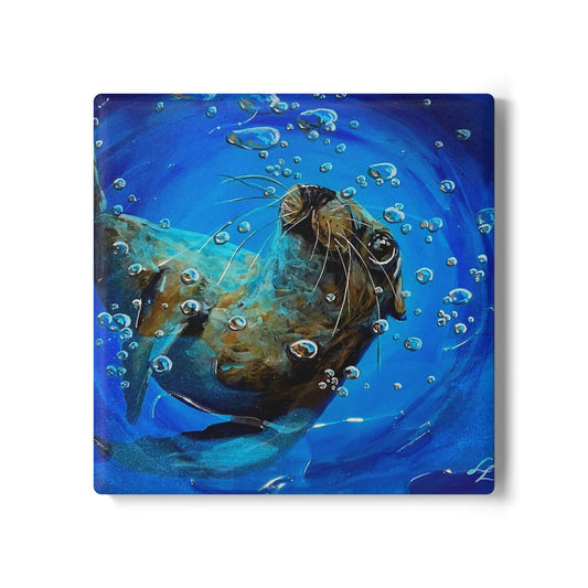 "Arthur" Sea Lion Bubble Ceramic Coaster — Cute Sea Lion Art Drink Coaster