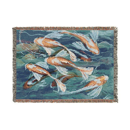 "School of Luck" Koi Fish Woven Blanket — Japanese Koi Pond Throw