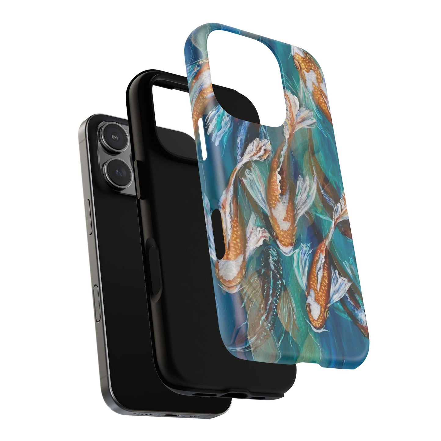"School of Luck" Koi Fish Pattern iPhone Case Multiple Sizes | Tough Magnetic Case, Blue Teal Watercolor