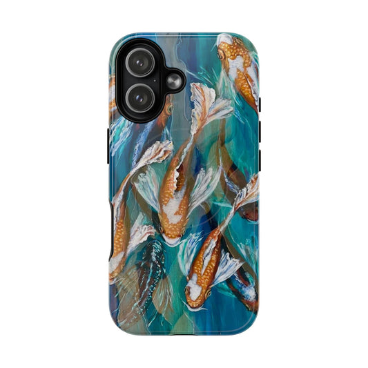 "School of Luck" Koi Fish Pattern iPhone Case Multiple Sizes | Tough Magnetic Case, Blue Teal Watercolor