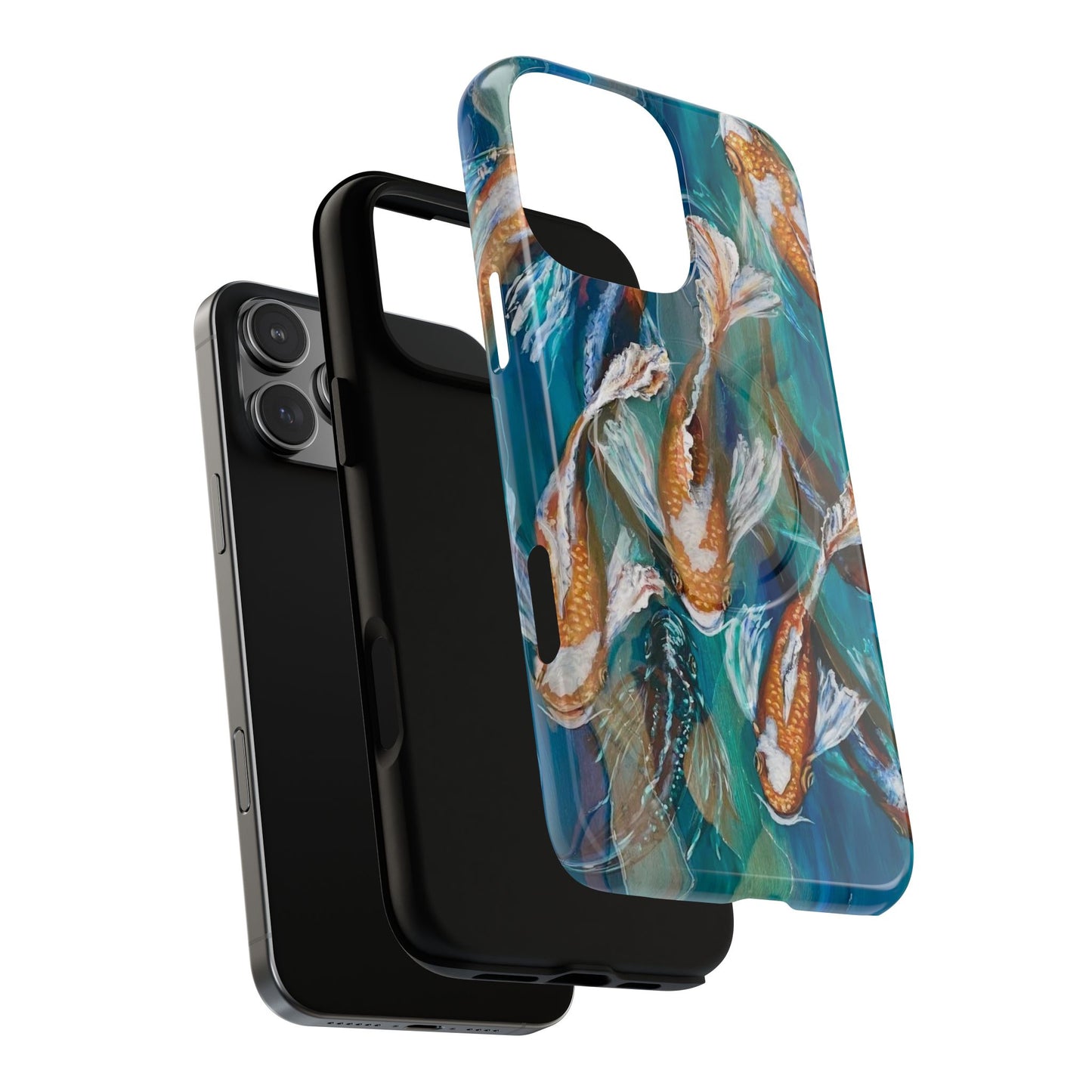 "School of Luck" Koi Fish Pattern iPhone Case Multiple Sizes | Tough Magnetic Case, Blue Teal Watercolor