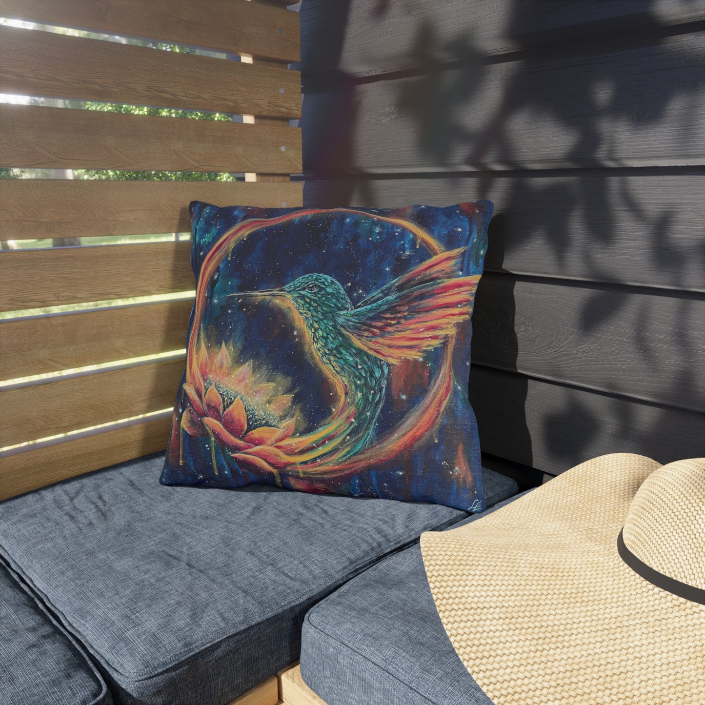 "Continuum" Hummingbird & Lotus Outdoor Pillow — Colorful Garden Accent Cushion for Patio, Porch & Sunroom