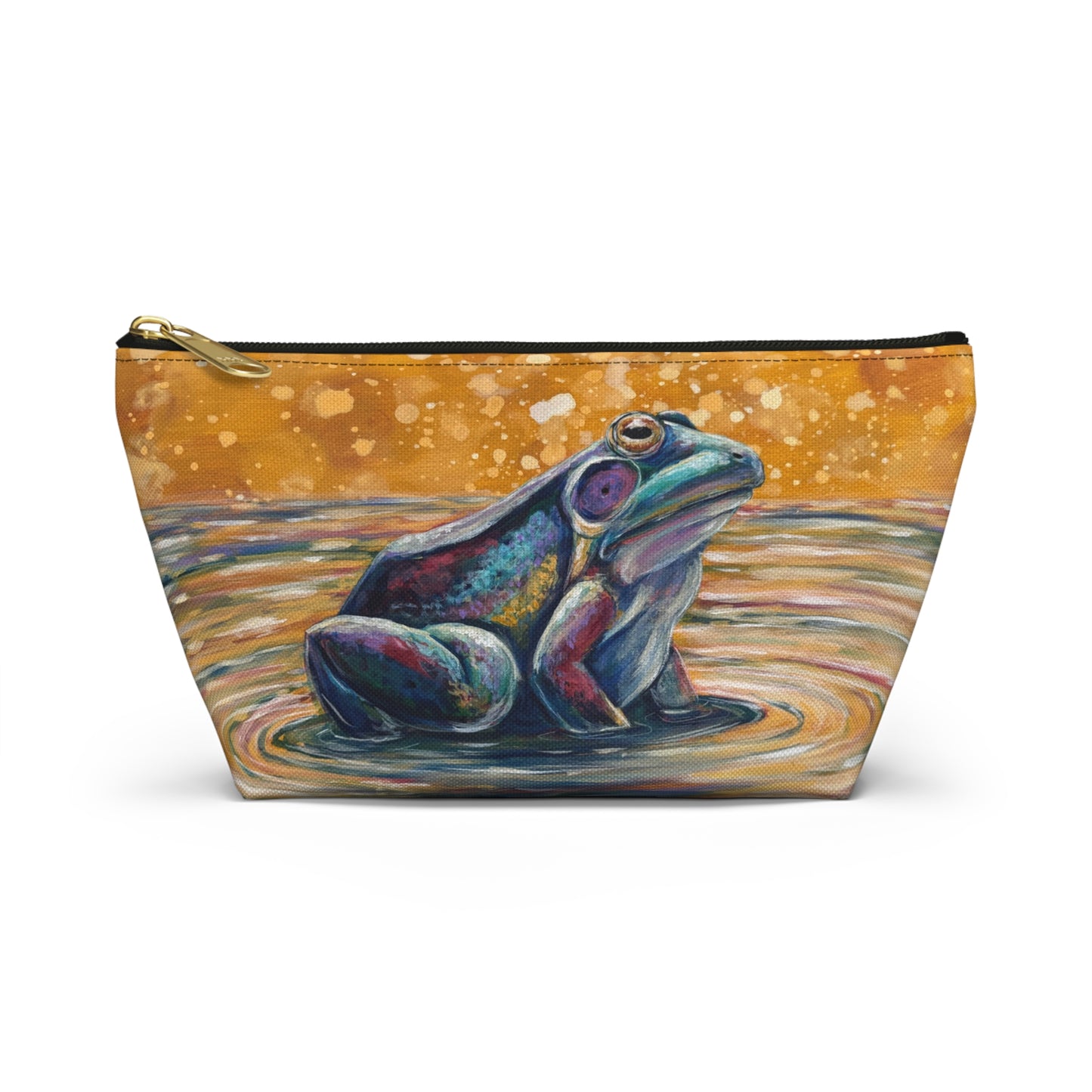 "Make a Ripple" Frog Art Accessory Pouch — Colorful Watercolor Amphibian T-Bottom Cosmetic Bag