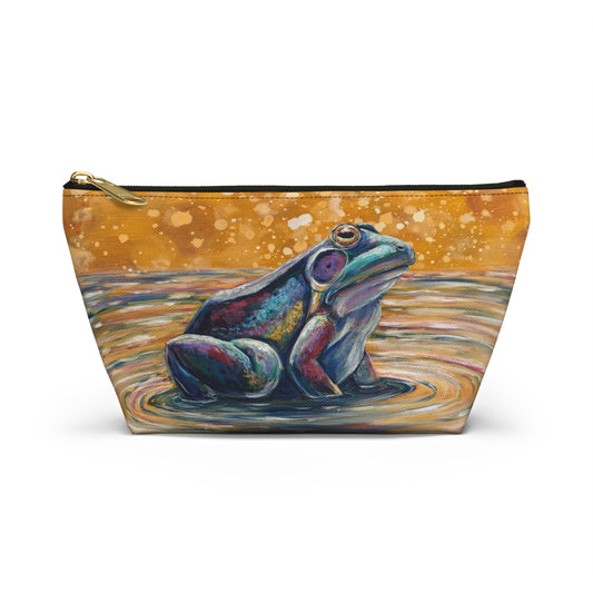 "Make a Ripple" Frog Art Accessory Pouch — Colorful Watercolor Amphibian T-Bottom Cosmetic Bag